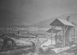 The mill at Trout Lake owned by Cowan and Kinman used this donkey engine to bring logs from near the shoreline into the lake. The logging industry was the mainstay of the economy in the Lardeau when the mines were having a tough time.