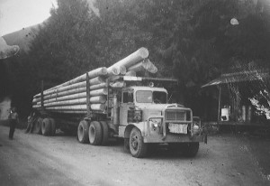 First load of poles to go to Nakusp from Beaton over the Galena Pass in August 1965. The truck driver was Red Bone.